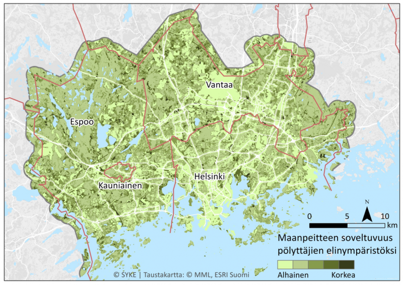 Figure 1. Suitability of the land types for pollinators, i.e. pollination potential map of the Helsinki Metropolitan Area.