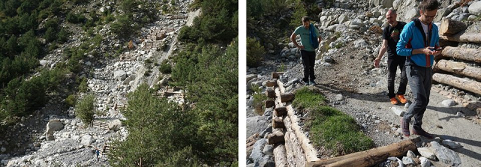 Left: The terraces constructed as part of PHUSICOS. These are constructed both of timber and of large local stones. Right: Close-up of one of the terraces, with grass taken directly from one of the local pastures. All terraces will be planted with grass and other local bushes and trees. Left: The terraces constructed as part of PHUSICOS. These are constructed both of timber and of large local stones. Right: Close-up of one of the terraces, with grass taken directly from one of the local pastures. All terraces will be planted with grass and other local bushes and trees.