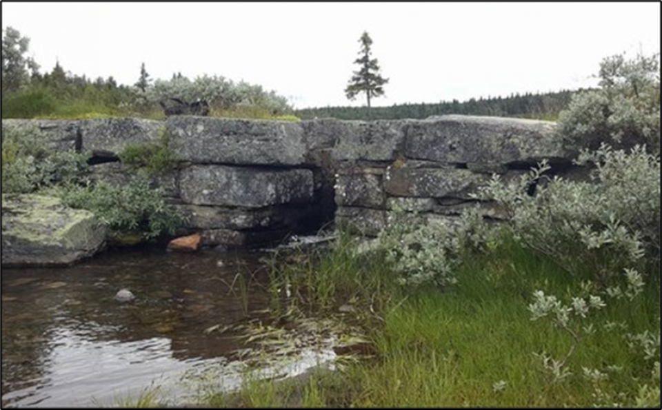 The existing old dam at Lake Svintjønna. The measures will increase the dam height by ca. 0.5 m and establish a new gate and threshold, with automatic monitoring of the lake level. The existing old dam at Lake Svintjønna. The measures will increase the dam height by ca. 0.5 m and establish a new gate and threshold, with automatic monitoring of the lake level.
