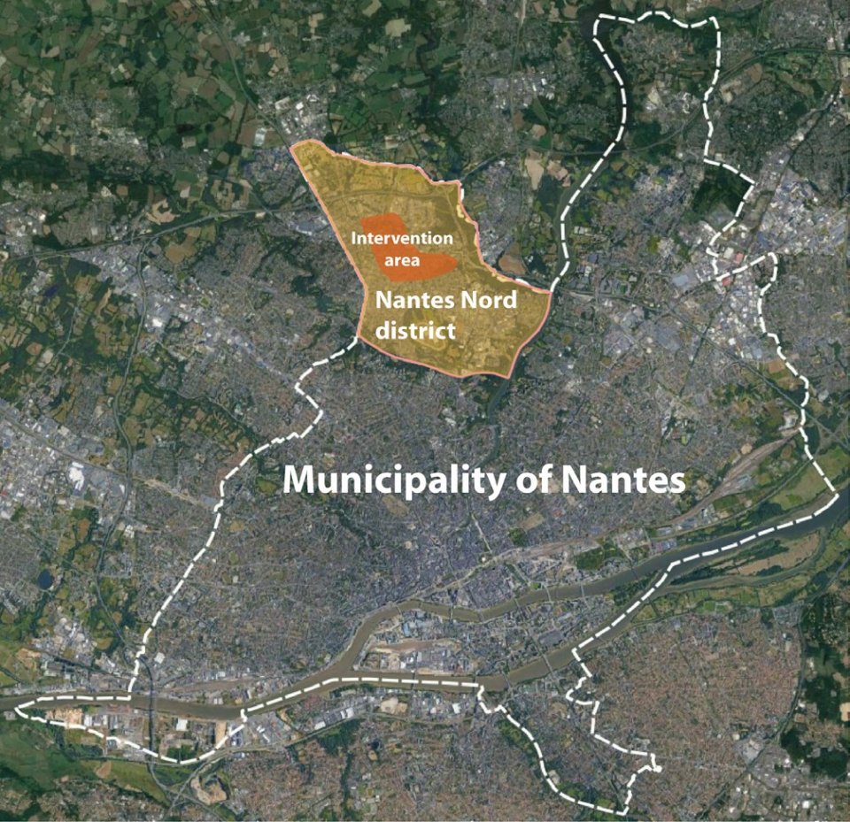URBiNAT intervention area. Nantes Nord perimeter is the study area. This corresponds both to the diagnostic and evaluation scale. The intervention area focuses on a reduced area in the North of Nantes Nord, where are the priority districts (QPV), the social housing districts with concentration of difficulties. Located in the north-western part of the city, the “Nantes Nord” district is one of the 11 districts of Nantes municipality. It is itself subdivided in 9 micro-districts.