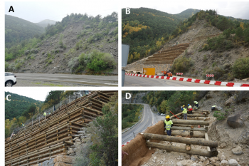 A) The till slope at St. Elena in June 2019. Loose blocks often hit the road, and small landslides often occur during heavy rain, exposing more blocks to threaten the road. B) The St. Elena slope on 11. October 2022. The road has been temporarily moved. The 7th of the ten planned terraces are being built. C) Close-up of the wooden terraces. D) Construction of the wooden gabions supporting the terraces. Notice the use of coconut mats on the outer parts of the gabions.